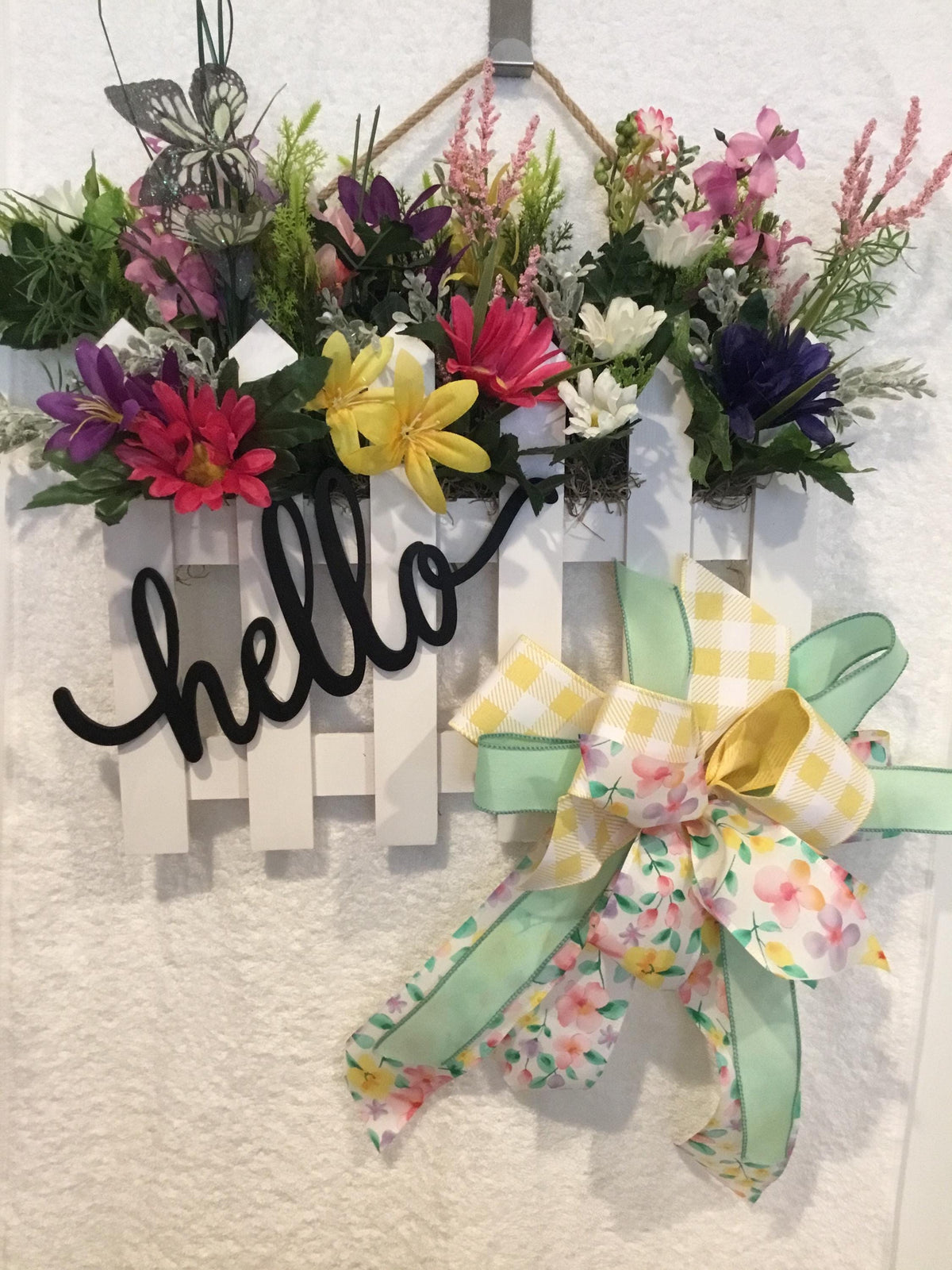 Hello Spring Picket Fence Door Hanger with Florals and Gingham Bow
