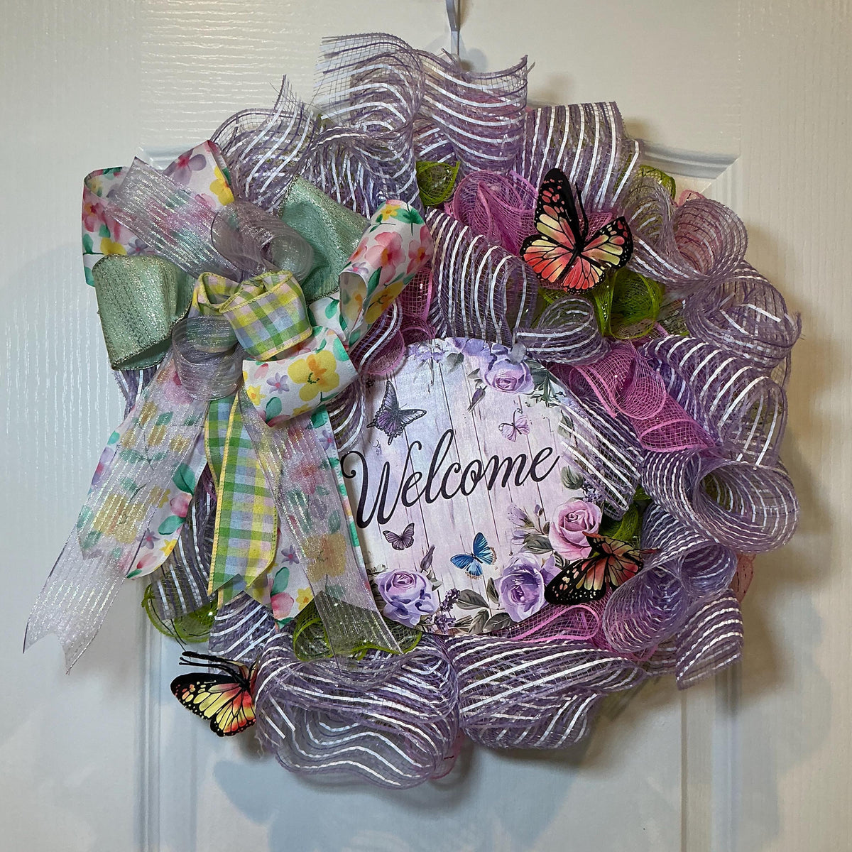 Spring Butterfly Wreath, Pink Green Purple Stripes, Mother's Day Decor