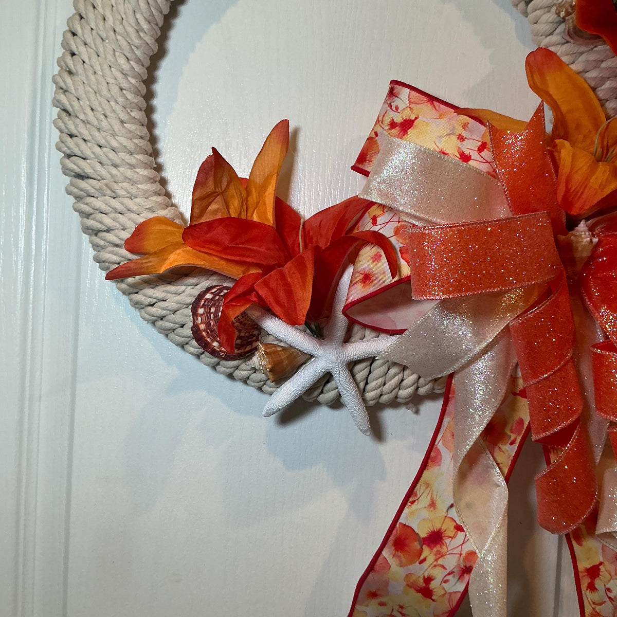 Tropical Orange Coastal Wreath, Rope Starfish Beach Decor, Seashell Nautical Front Door Wreath, Lake House Housewarming Gift, Handmade Summe