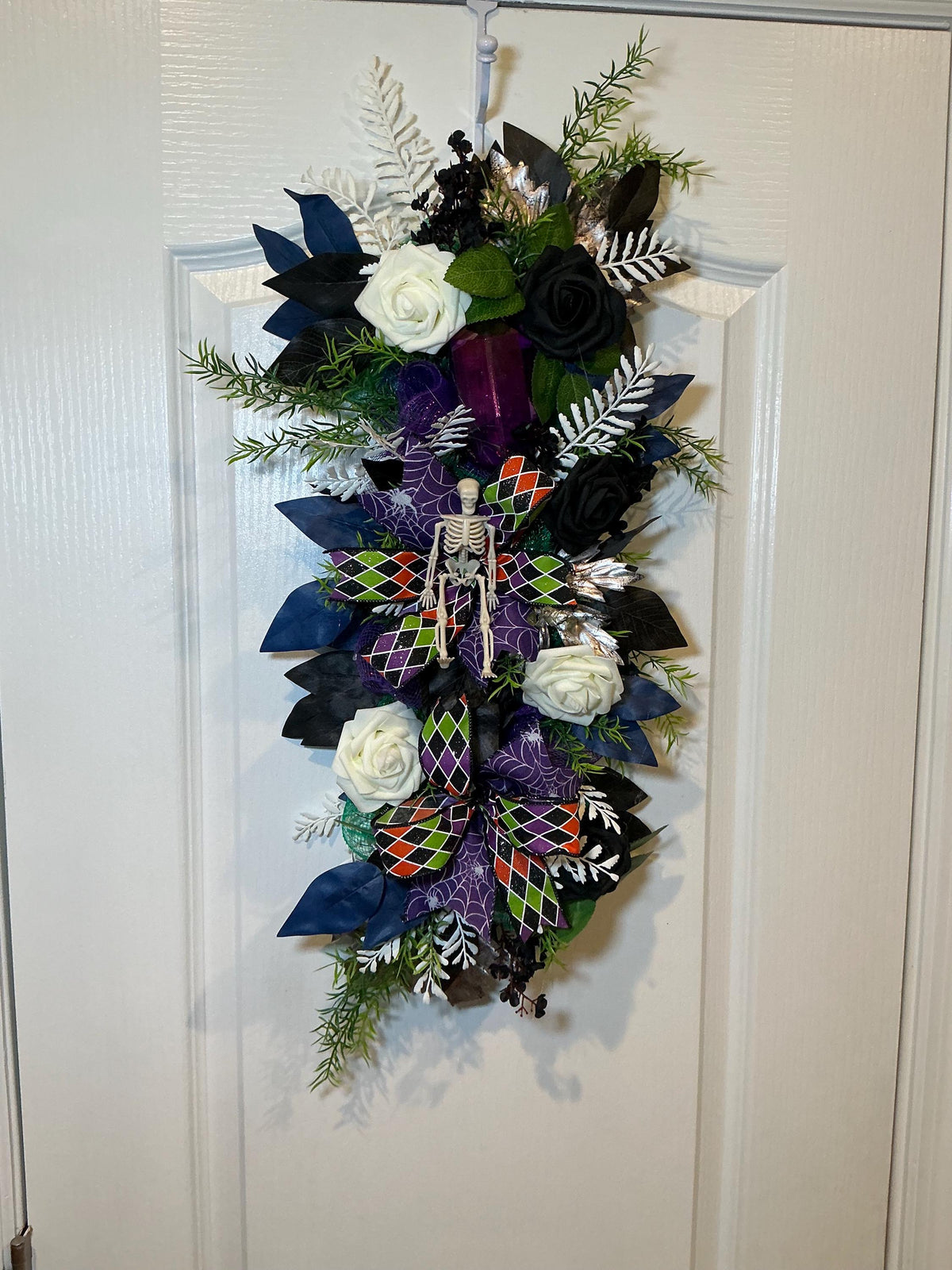 Gothic Halloween Floral Swag, Black Ivory Roses with Skeleton Spiderweb Bow