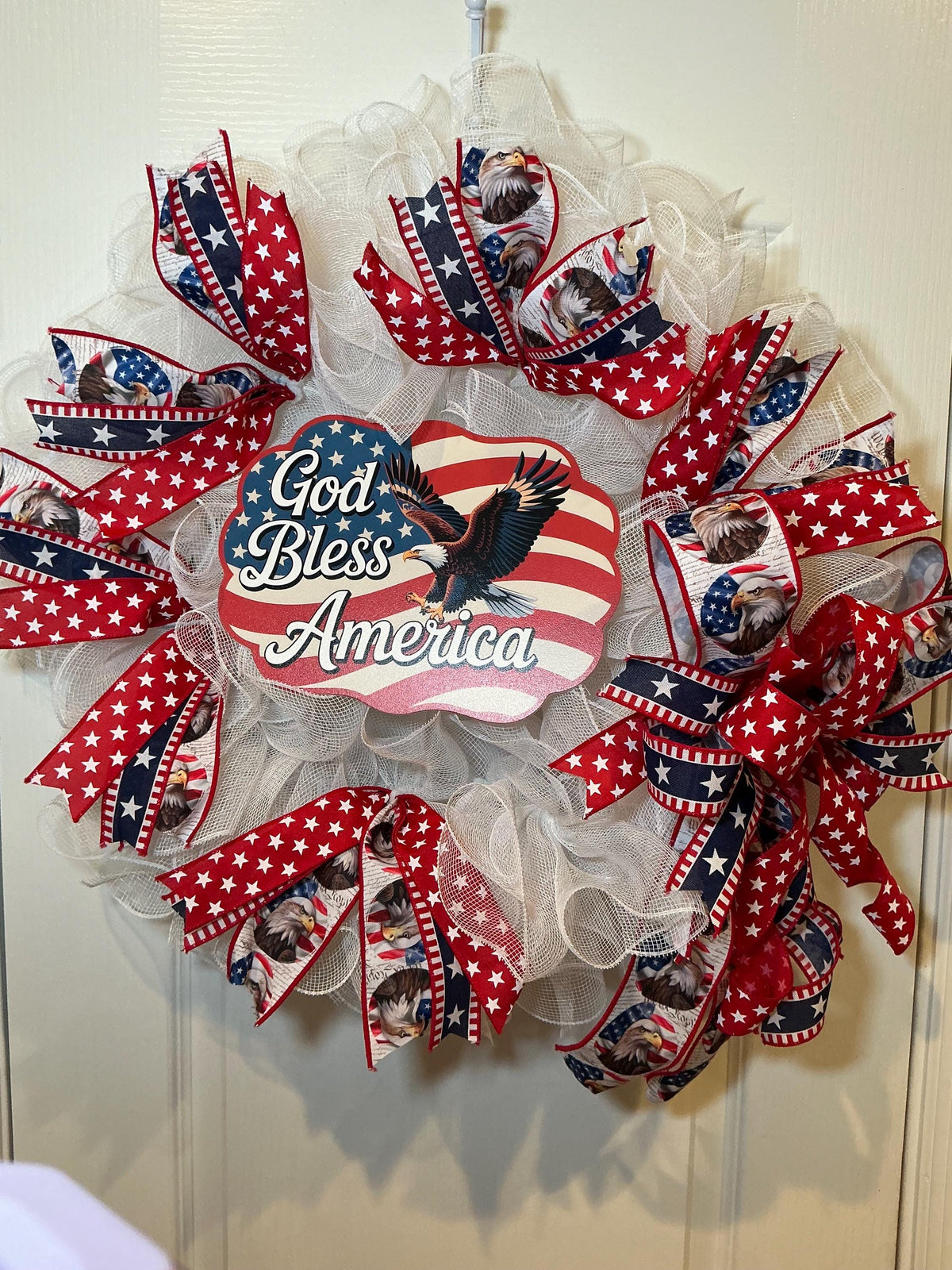God Bless America Wreath, Fourth of July Front Door Decor, Bald Eagle Sign, Red White Blue Memorial Day Americana Wreath