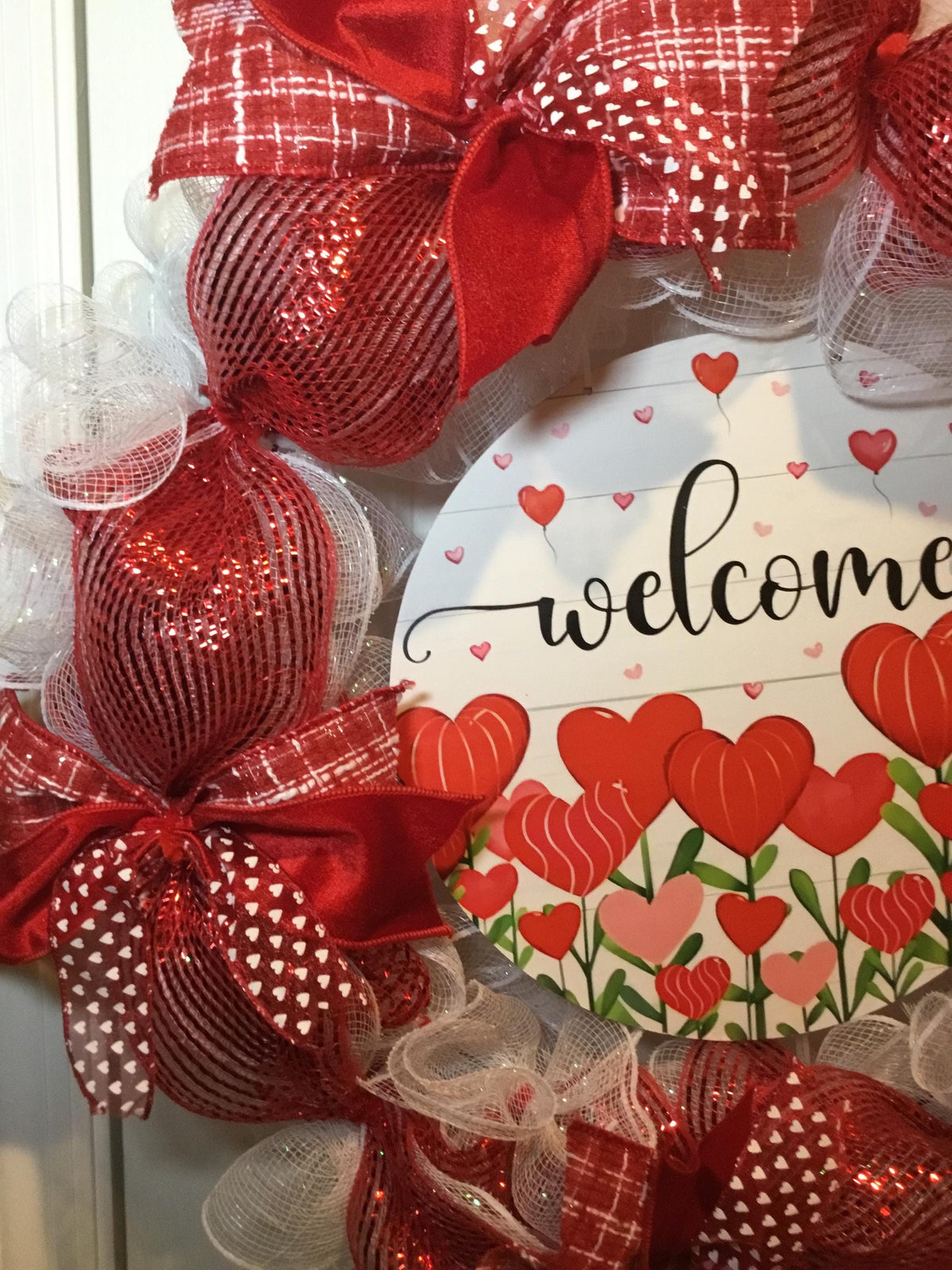 Valentine’s Day Wreath, Red Deco Mesh Heart Door Decor, Welcome Valentine Front Door Hanging