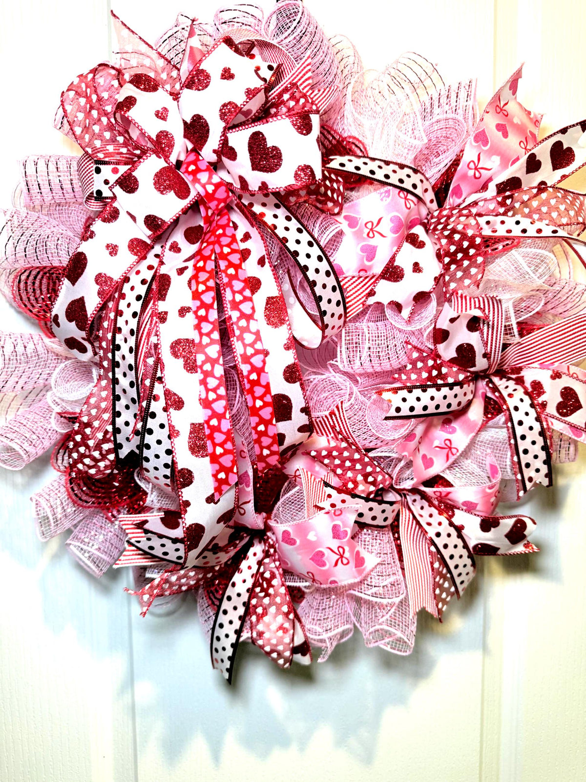 Valentine’s Day Ribbon Wreath/ Pink Heart Front DoorvDecor/Handmade Romantic Wreath / Endless Ribbons Design