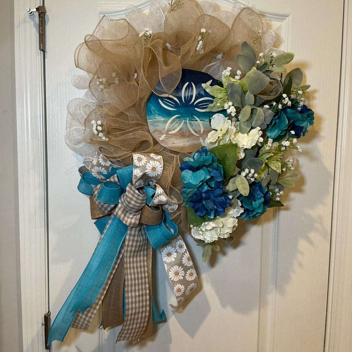Coastal Sand Dollar Wreath, Blue Teal Hydrangea Beach Decor, Lambs Ear Summer Wreath