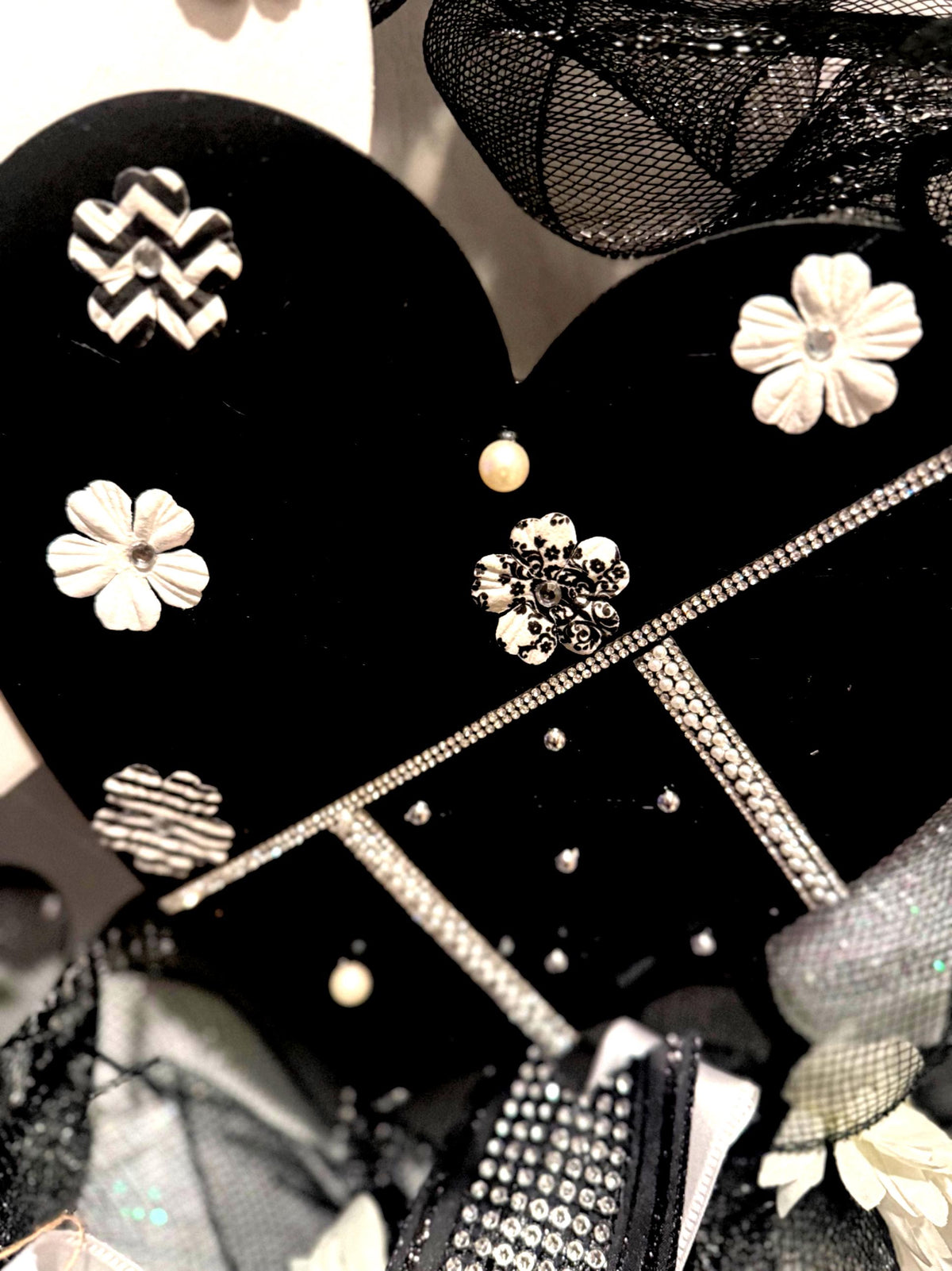 Elegant Black and White Heart Wreath, Silver Glam Door Decor, Handmade