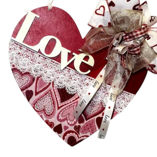 Valentine Heart Door Hanger , Love Wood HeartbSign, Sheer Gold Accent  Bow Valentine Decor