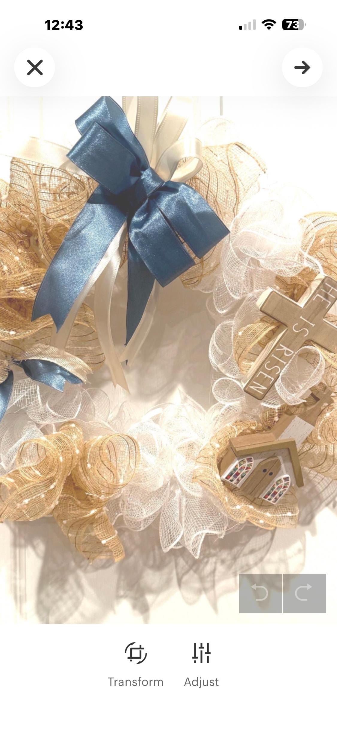 14 Inch Blue Ribbon Cross Wreath with Buffalo Check Bow, Christian Front Door Decor