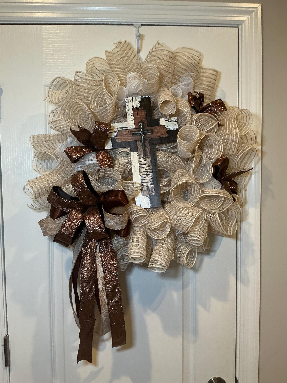 Brown Cream Cross Wreath, Rustic Farmhouse Faith Decor, Religious Christian Church Entryway Sign