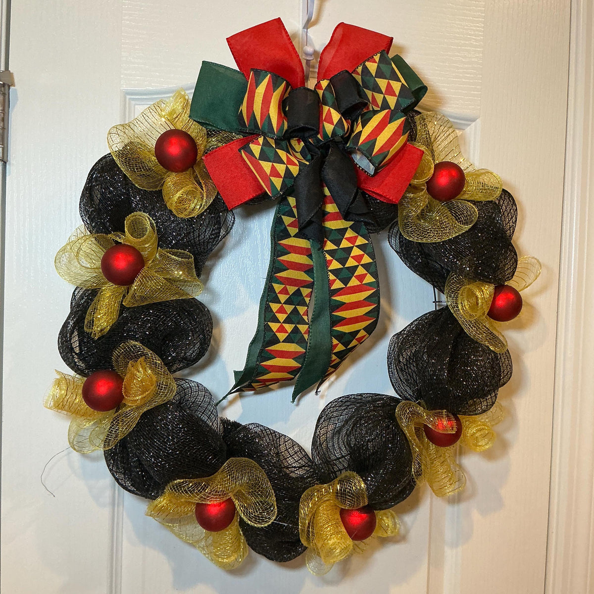 Juneteenth Wreath Black Gold Deco Mesh, Kente Print Bow Wreath, African American Door Wreath, Juneteenth Decor, Handmade Freedom Day Wreath