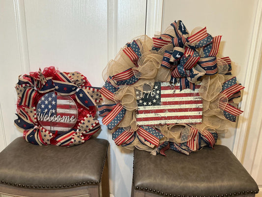 Vintage Americana Lover in You, Welcome Sign and Betsy Ross 1776 Flag Wreath Bundle, All Year Round Porch Front Door Decor