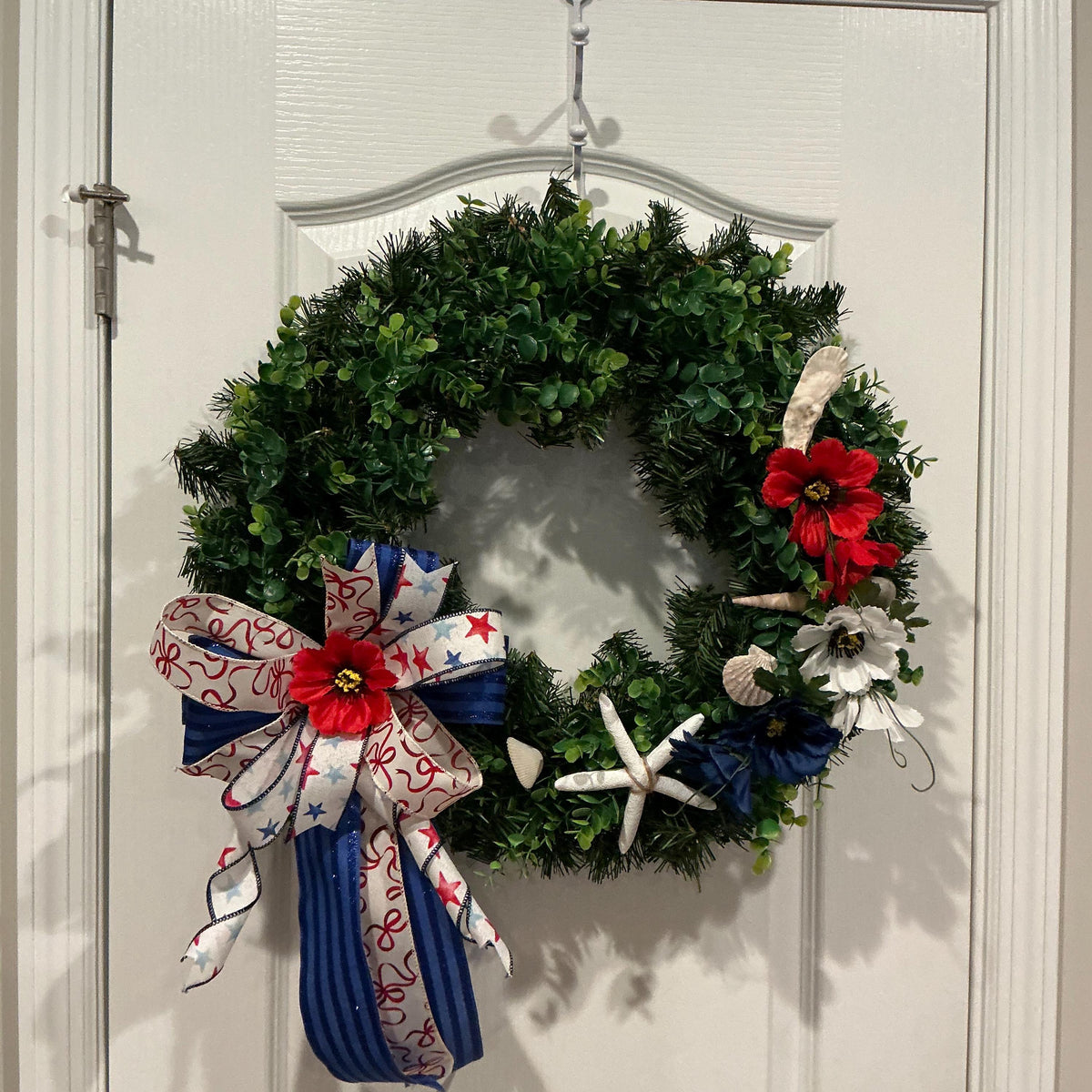 Coastal Americana Wreath, Starfish Boxwood Patriotic Door Decor, Fourth of July Beach Accent