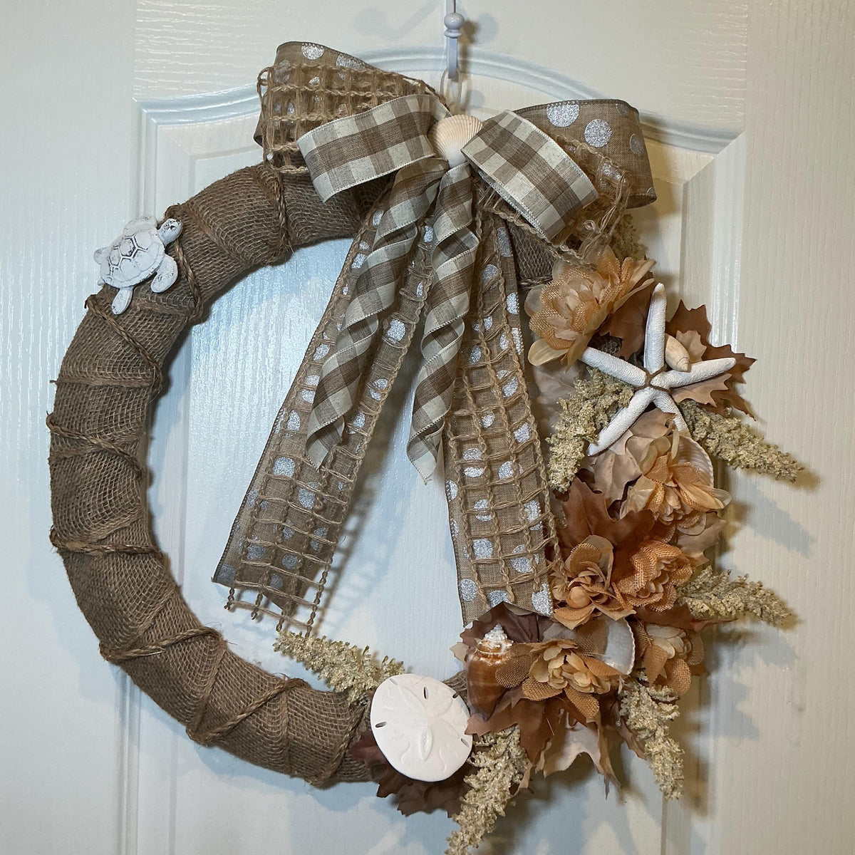 Coastal Fall Burlap Wreath, 18 Inch Sand Dollar Starfish Turtle and Autumn Leaves
