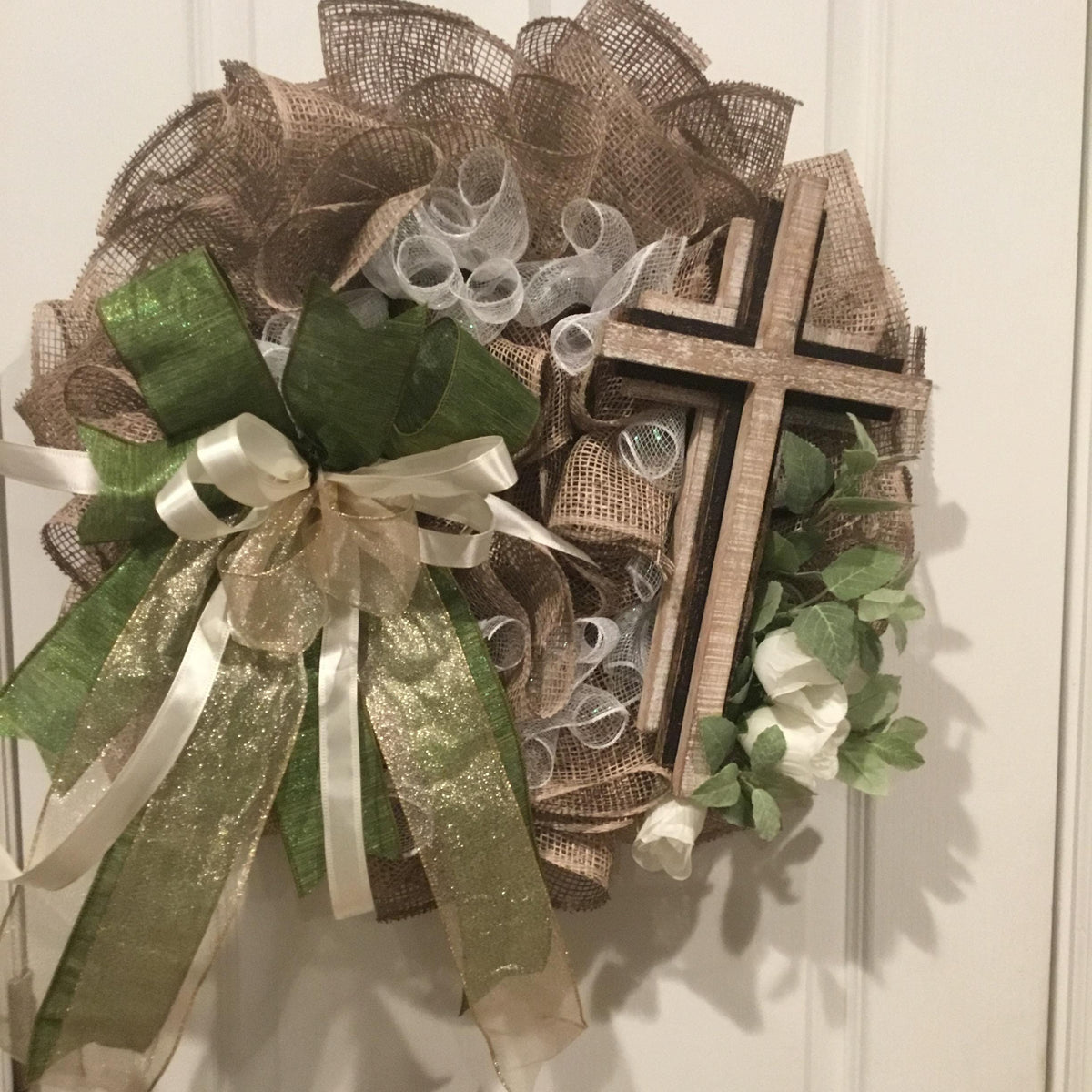 Rustic Burlap Cross Wreath, Farmhouse  Door Decor, White Florals, Green Bow