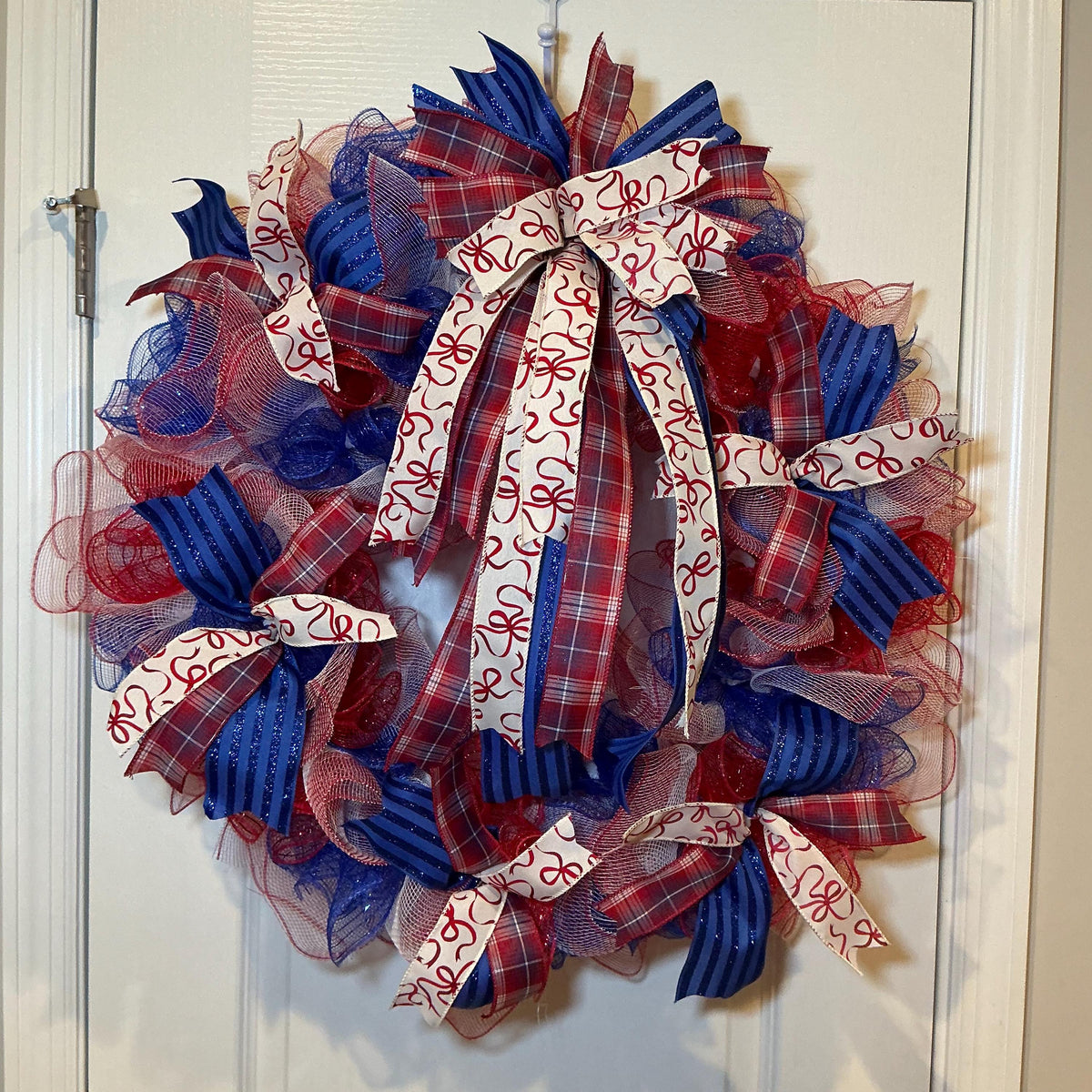 Red White Blue USA Wreath, Deco Mesh Fourth of July Front Door Decor, Americana Ribbon Bow
