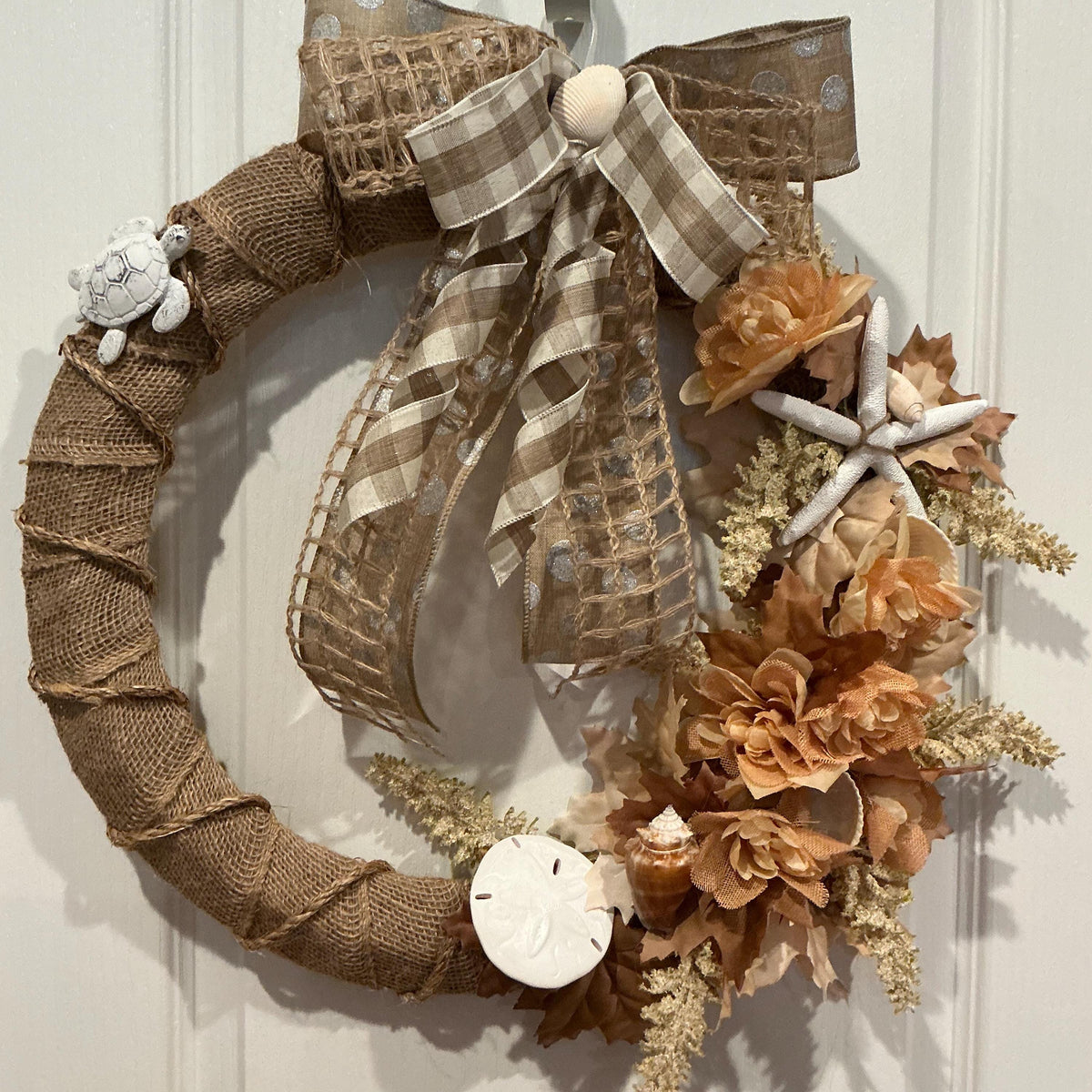 Coastal Burlap Wreath, 18 Inch Starfish Sand Dollar and Sea Turtle Door Decor