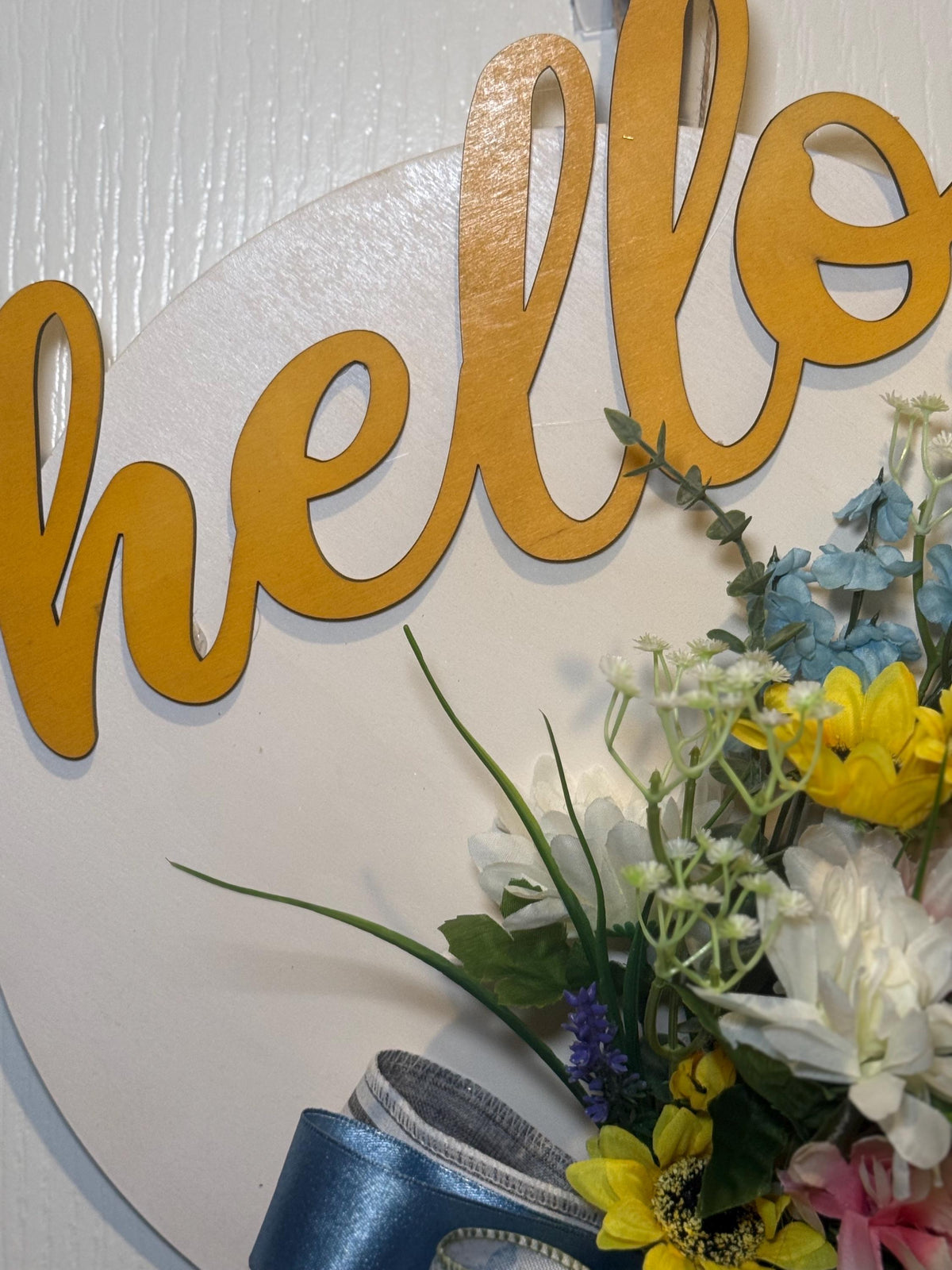 Blue Yellow White Hello Spring Floral Wreath with Handmade Bow, Front Door Decor