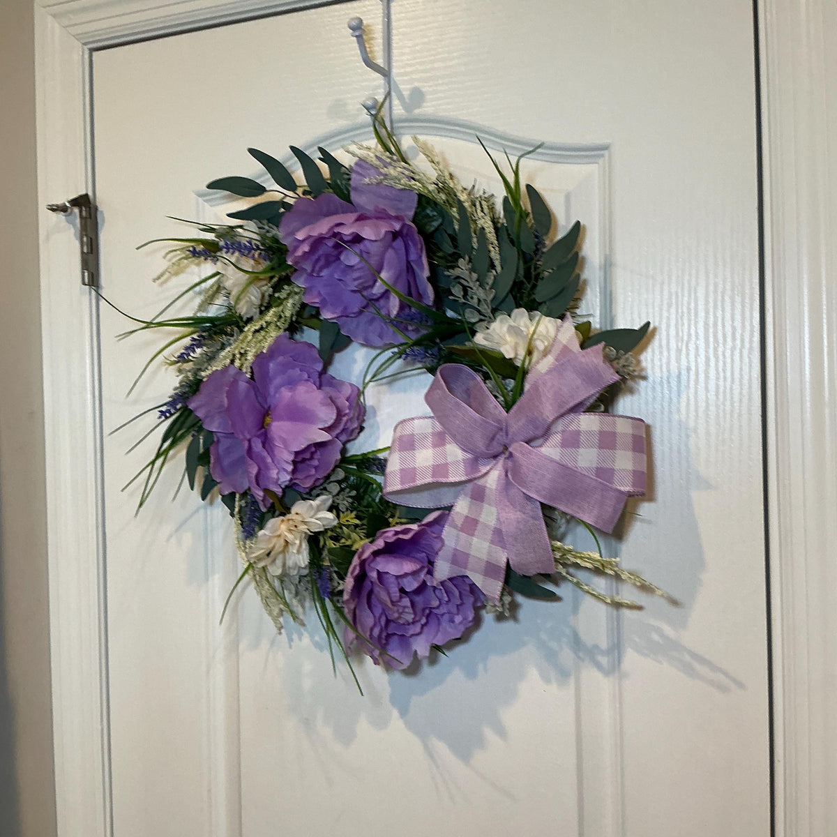 Lavender Peony Wreath, Farmhouse Floral Door Decor, Buffalo Plaid Bow