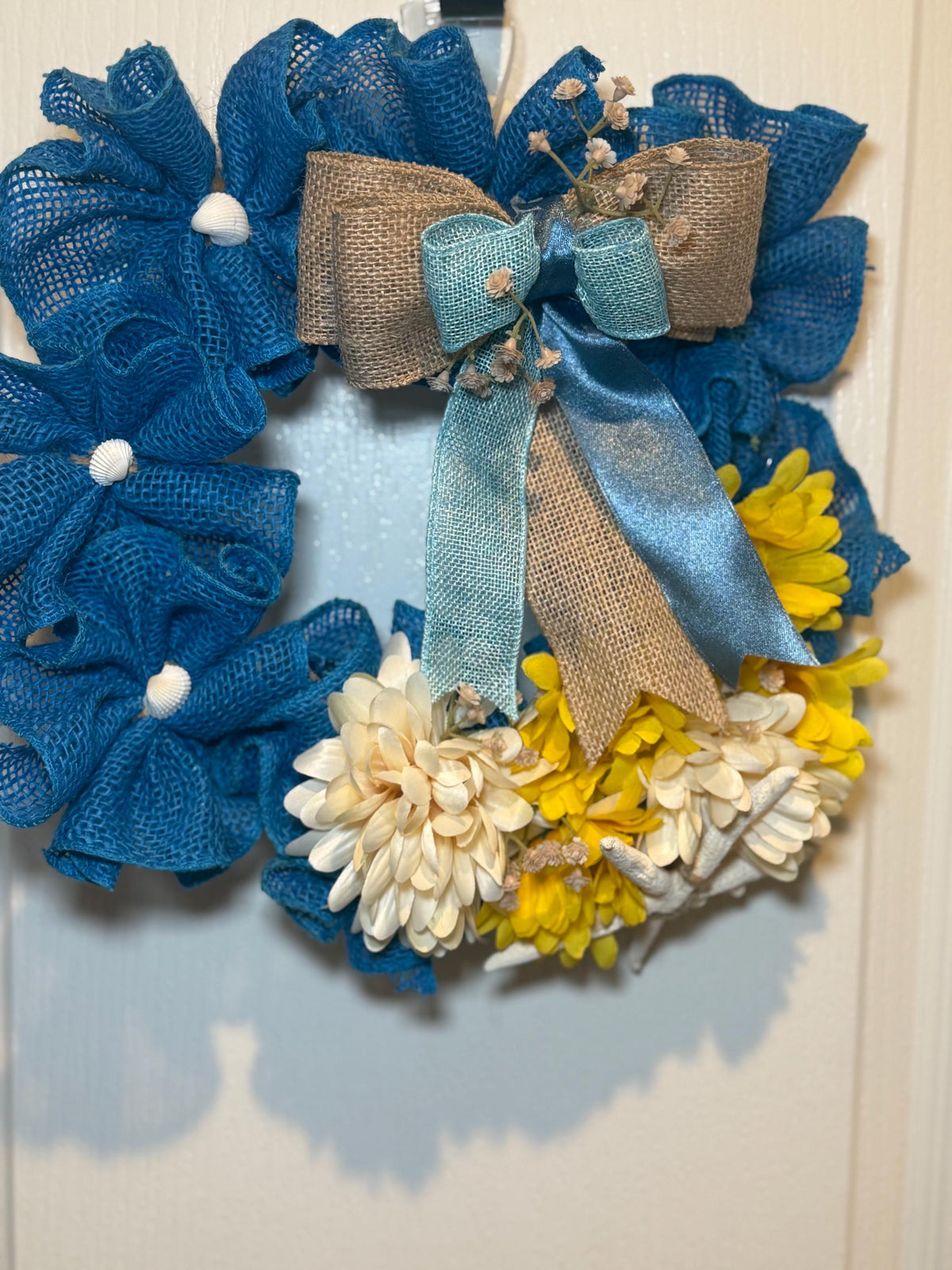 Blue Burlap Coastal Wreath, Starfish Shell Door Hanger, Nautical Beach Home Decor, Handmade  Wreath