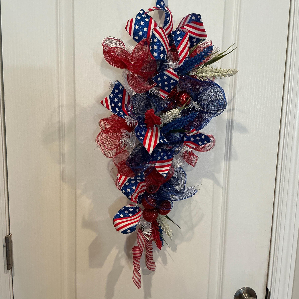 21 Inch Patriotic Teardrop Door Swag, Red White Blue Deco Mesh, Stars Stripes Ribbon