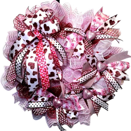 Valentine’s Day Ribbon Wreath/ Pink Heart Front DoorvDecor/Handmade Romantic Wreath / Endless Ribbons Design