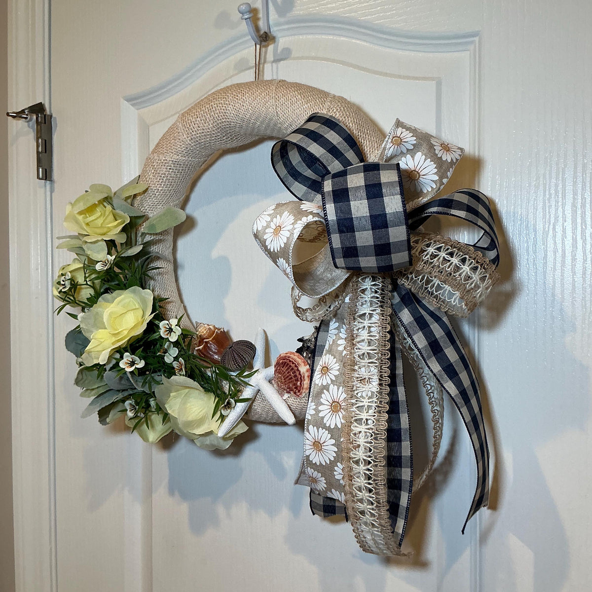Yellow Rose Burlap Coastal Wreath, Seashell Starfish Beach Decor, Nautical Front Door Wreath, Lake House Housewarming Gift, Handmade Summer