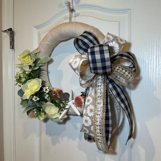 Yellow Rose Burlap Coastal Wreath, Seashell Starfish Beach Decor, Nautical Front Door Wreath, Lake House Housewarming Gift, Handmade Summer