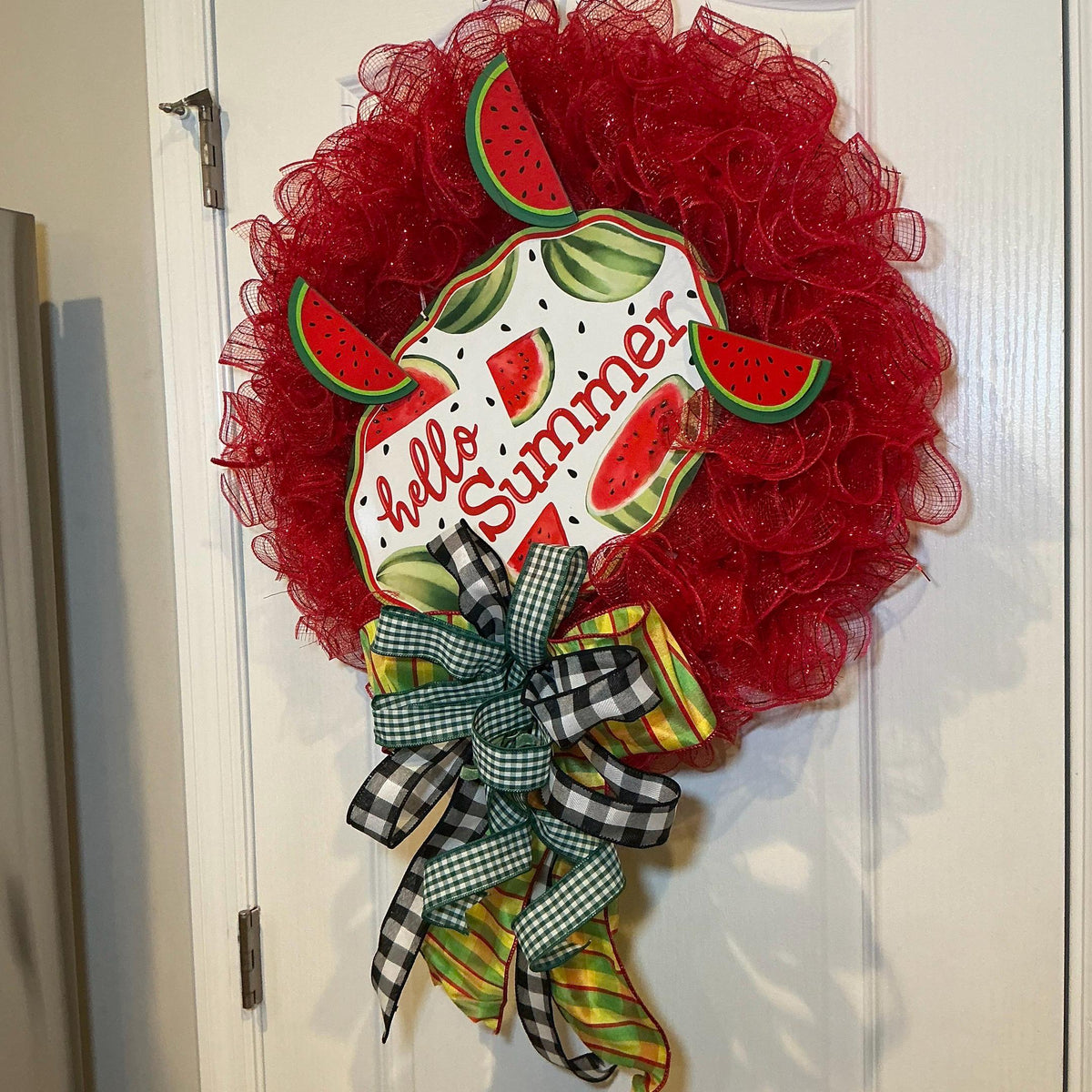 Watermelon Wreath, Hello Summer Door Decor, Buffalo Check Bow, Farmhouse Porch Accent