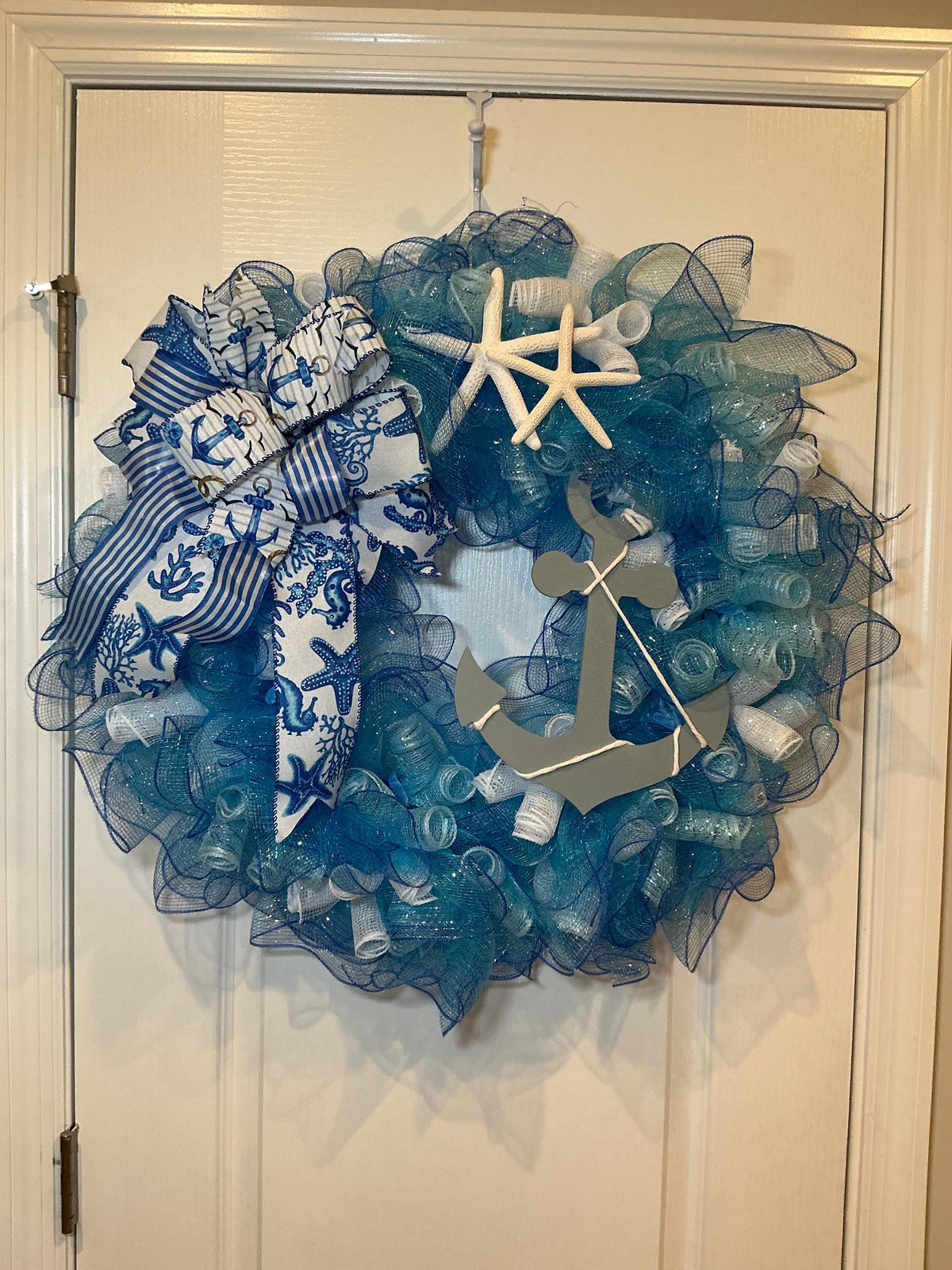 Nautical Anchor Door Wreath, Coastal Deco Mesh, Beach House Front Door Decor, Ocean Themed Porch Decor
