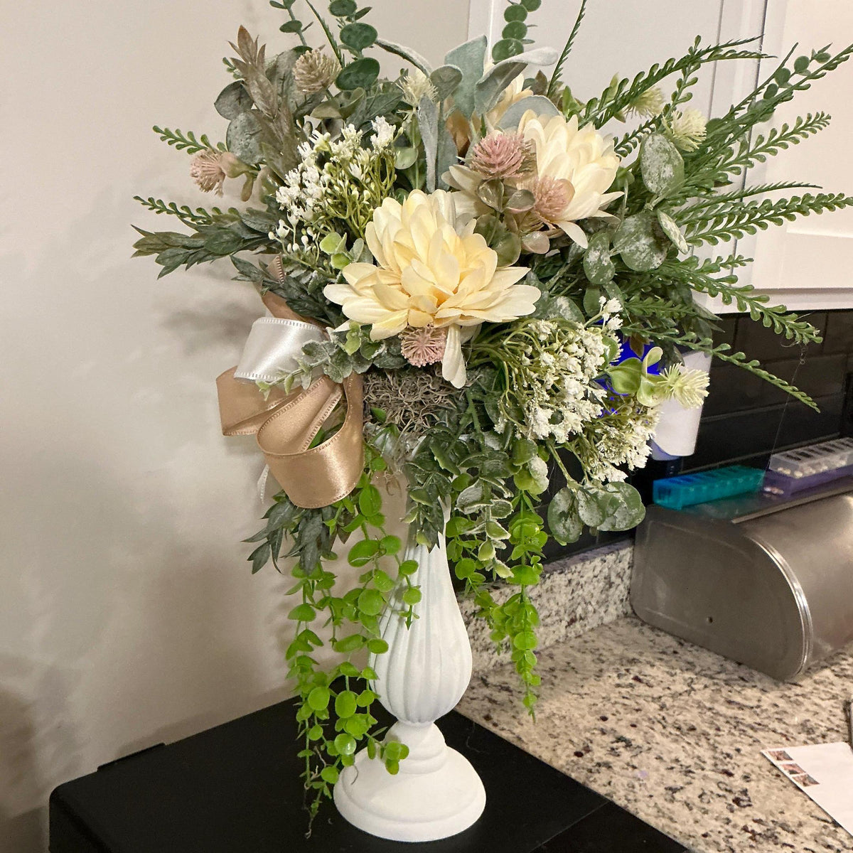 Floral Pedestal Arrangement, Cream Dahlias, Eucalyptus, Trailing Vine, Champagne Bow