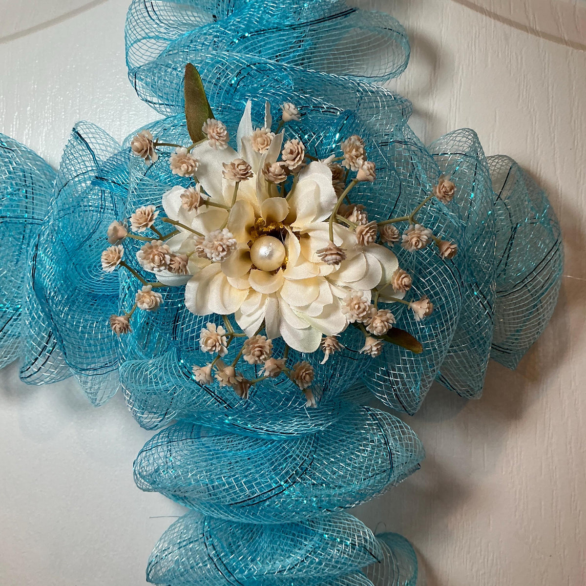 Sky Blue Cross, Ivory Floral Faith Decor, Handmade Church Door Wall Hanging