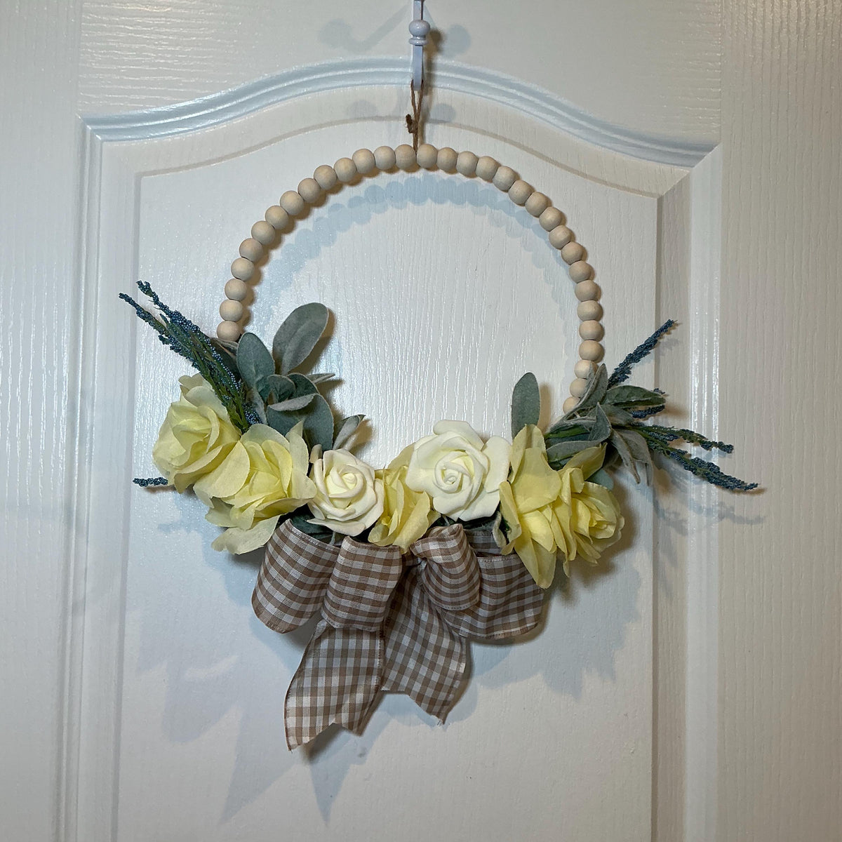 Handmade Yellow Rose Lambs Ear Wreath, Wooden Bead Ring, Spring Floral Decor