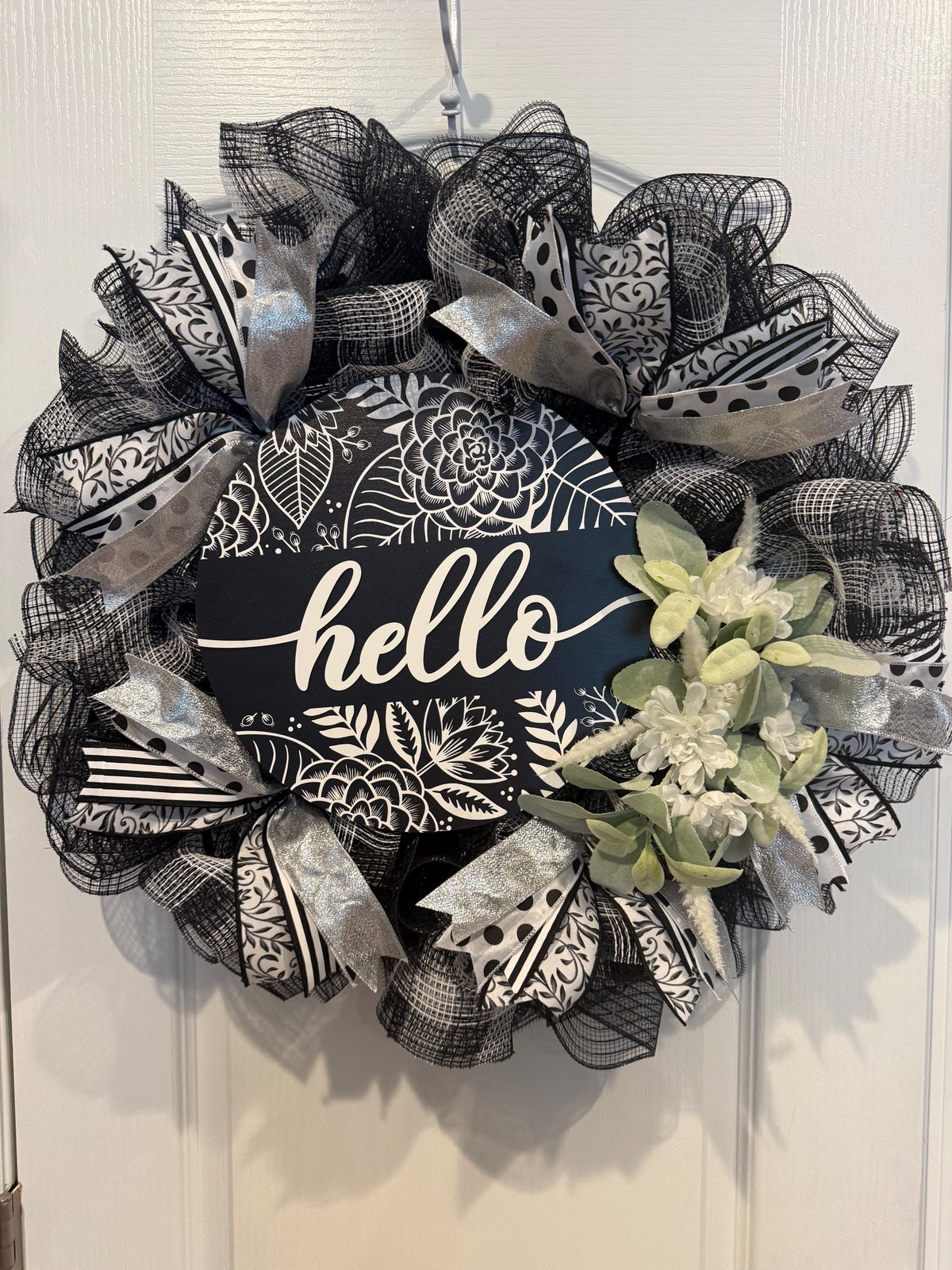 Black and White Hello Wreath with Silver Accents, Farmhouse Front Door Decor