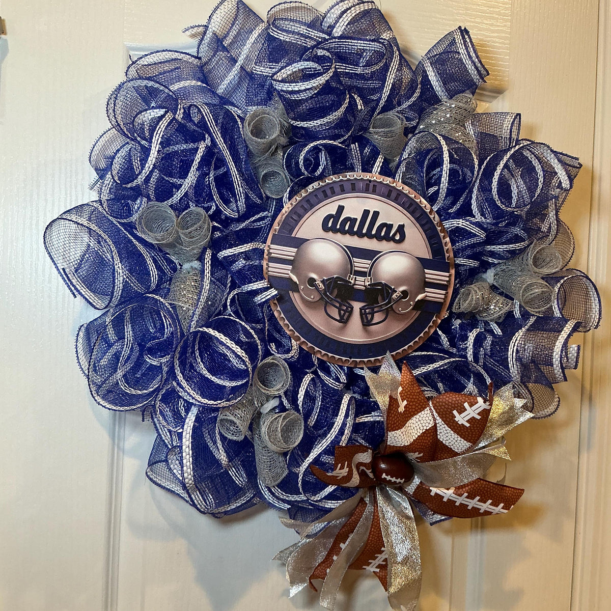 Navy Silver Star Football Wreath with Helmet Sign, Game Day Man Cave Decor