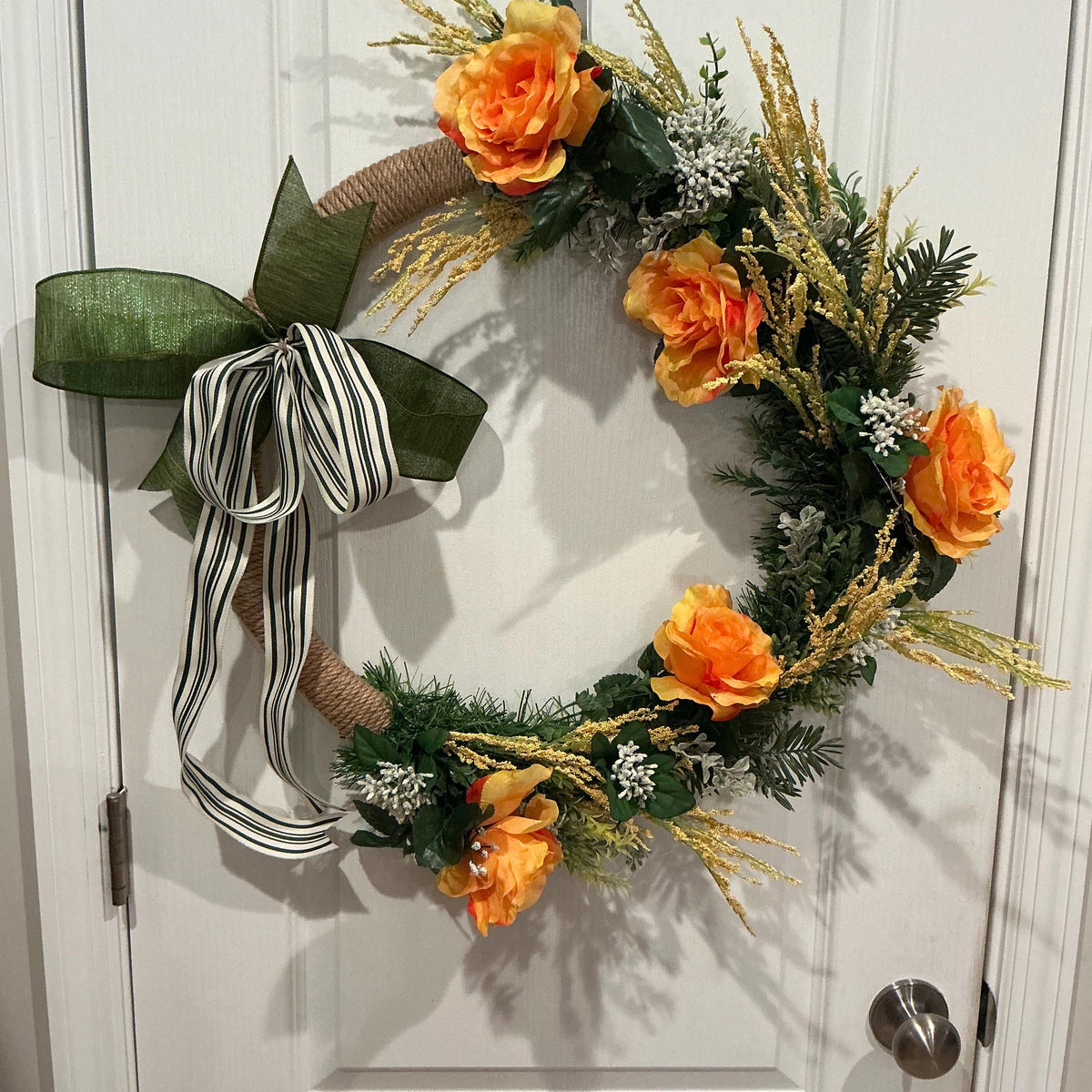 Farmhouse Spring Wreath, Orange Floral, Wheat Accent, Black White Bow