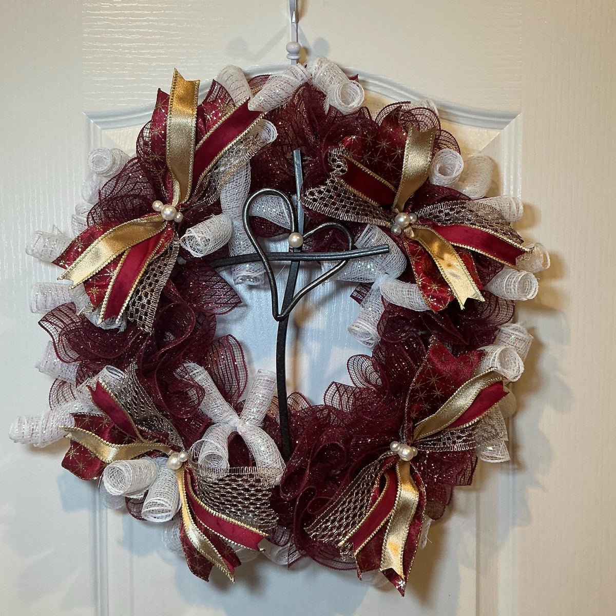 Burgundy Cross Wreath, Heart Cross Religious Accent, Christian Home Decor, Church Wall Hanging, Cranberry Gold Faith Wreath