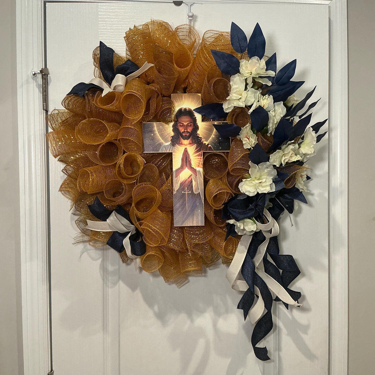 Sacred Heart of Jesus Wreath, Gold Mesh Cross Wreath, Navy Blue Religious Front Door Decor, Christian Faith Wreath, Catholic Gift Wreath