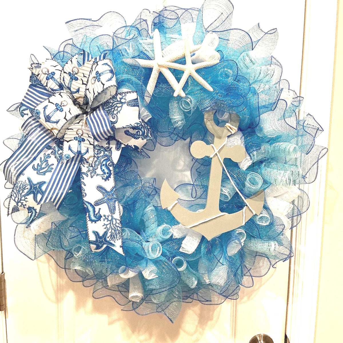 Nautical Anchor Door Wreath, Coastal Deco Mesh, Beach House Front Door Decor, Ocean Themed Porch Decor