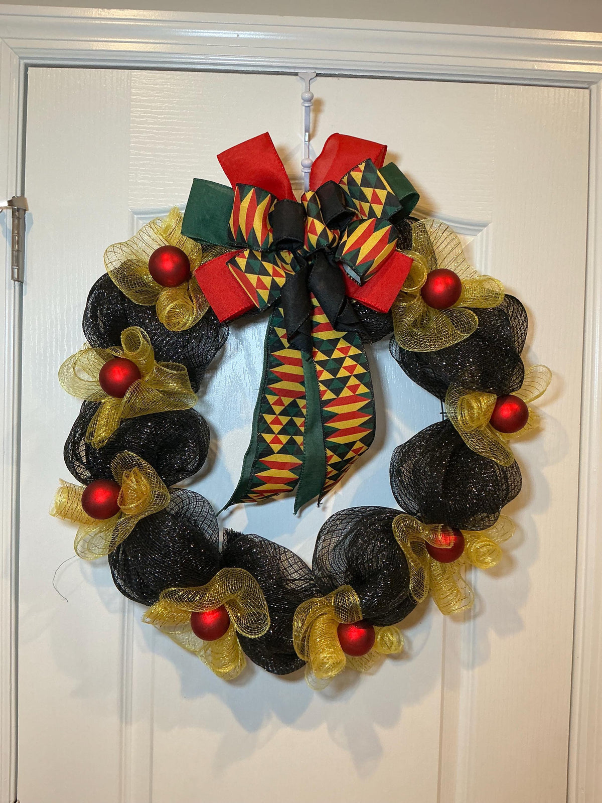 Juneteenth Wreath Black Gold Deco Mesh, Kente Print Bow Wreath, African American Door Wreath, Juneteenth Decor, Handmade Freedom Day Wreath