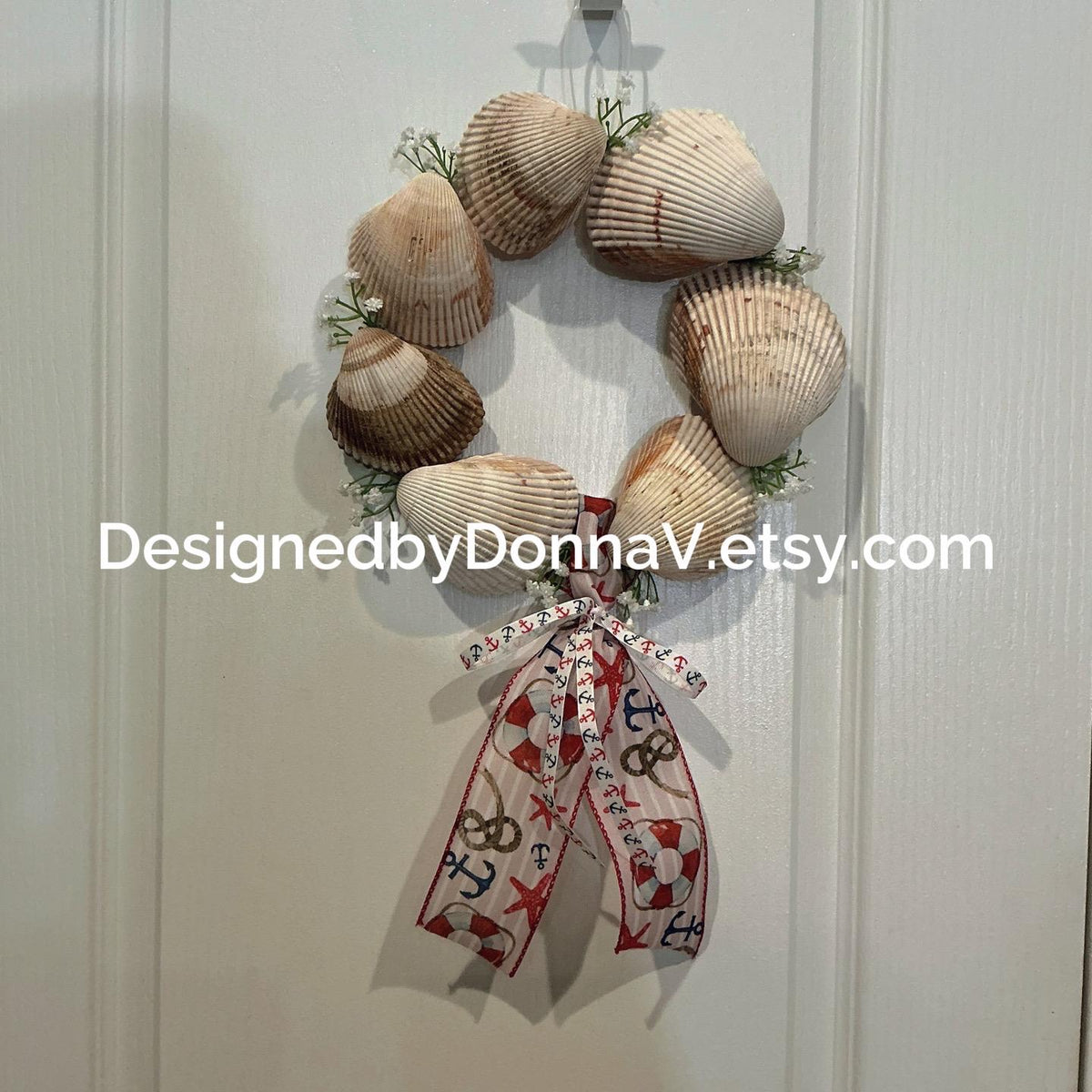 Seashell Wreath, Nautical Ribbon, Coastal Beach Decor, Door Hanger