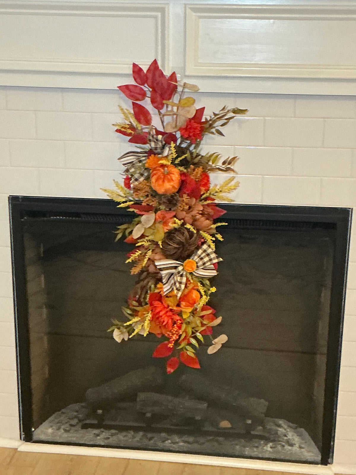 Pumpkin Fall Floral Swag, 28 Inch Buffalo Check Bow Door or Mantel Decor
