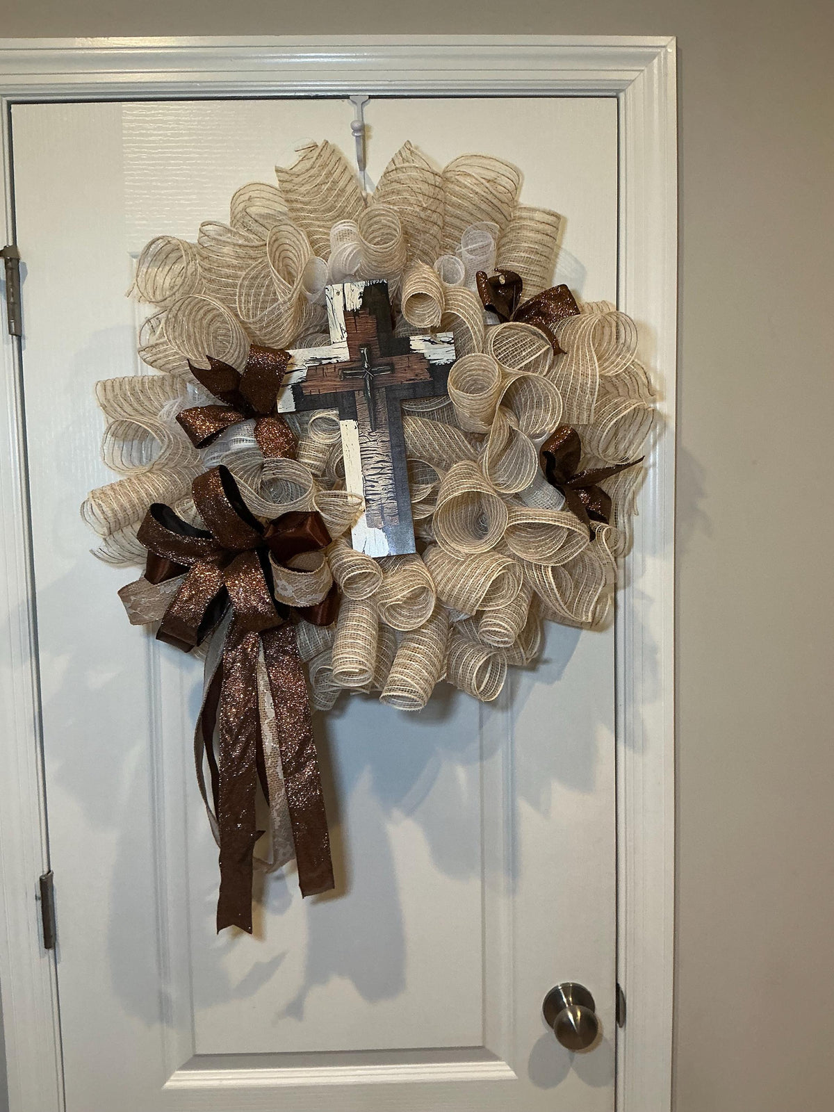 Brown Cream Cross Wreath, Rustic Farmhouse Faith Decor, Religious Christian Church Entryway Sign