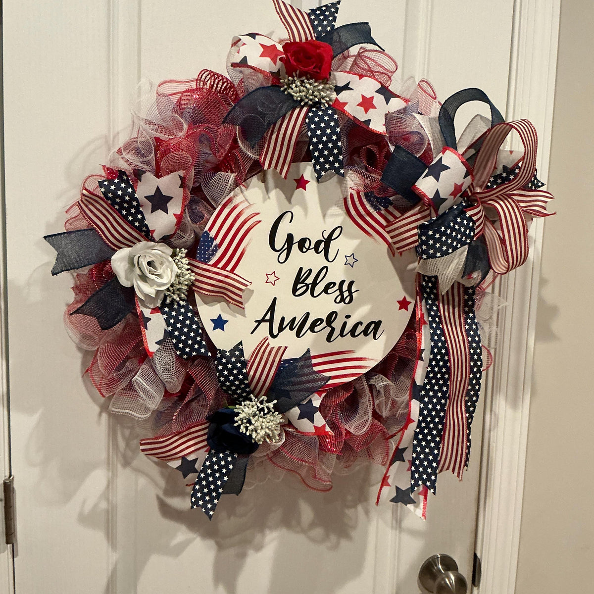 18 Inch Red White Blue Rose Wreath with God Bless America Sign, Americana Front Door Decor