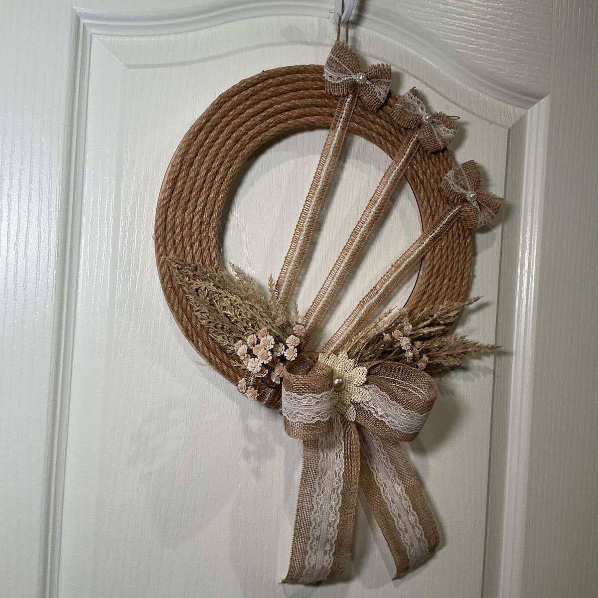 Farmhouse Rope Wreath with Burlap Lace Bow, Dried Wheat and Pearl Accent
