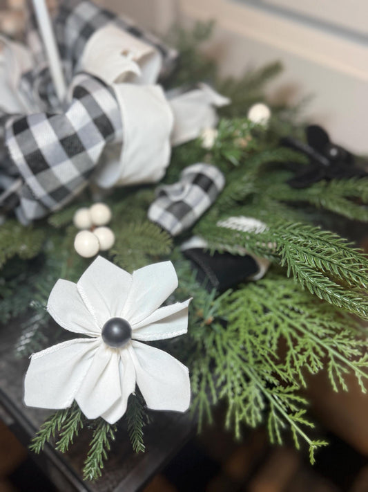 Buffalo Check Centerpiece, Farmhouse Table Decor, Handmade Ribbon Flowers, Black White Candle Holder