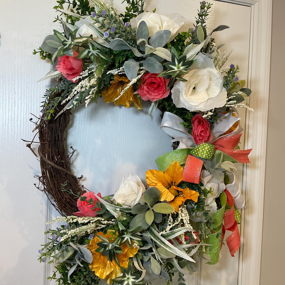 Grapevine Wreath, Coral Rose Sunflower Front Door Decor, Farmhouse Housewarming Gift, Mothers Day Wreath