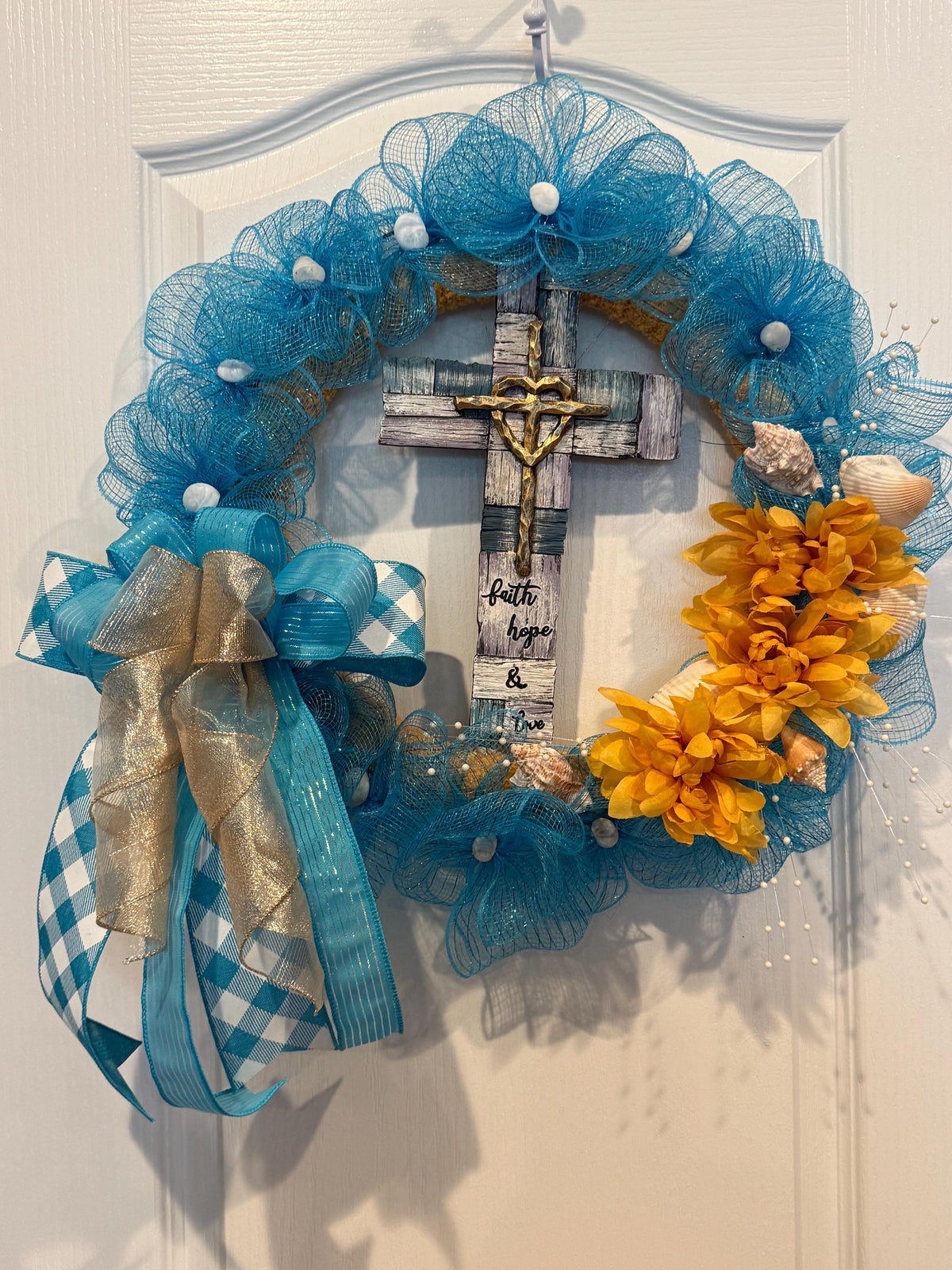 Coastal Faith Wreath, Turquoise Beach Cross Decor, Faith Hope Love Seashell Religious Door Decor.