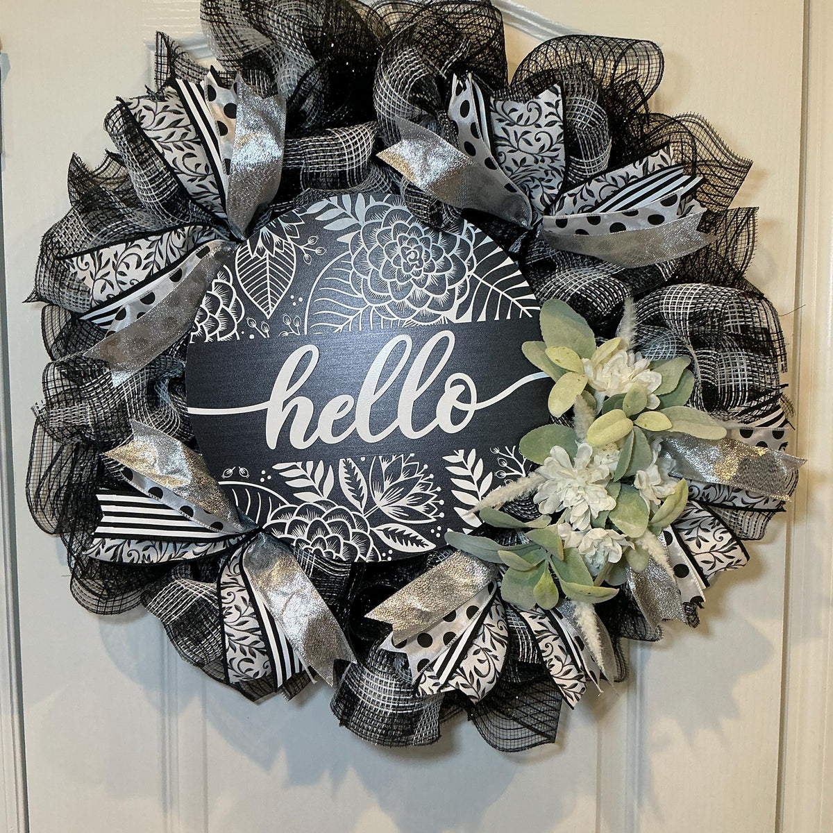 Black and White Hello Wreath with Silver Accents, Farmhouse Front Door Decor