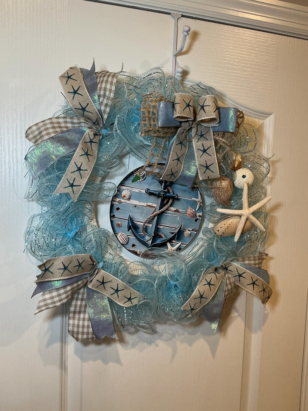 Ocean Blue Coastal Seashell Wreath with Starfish and Rope, Summer Front Door Decor