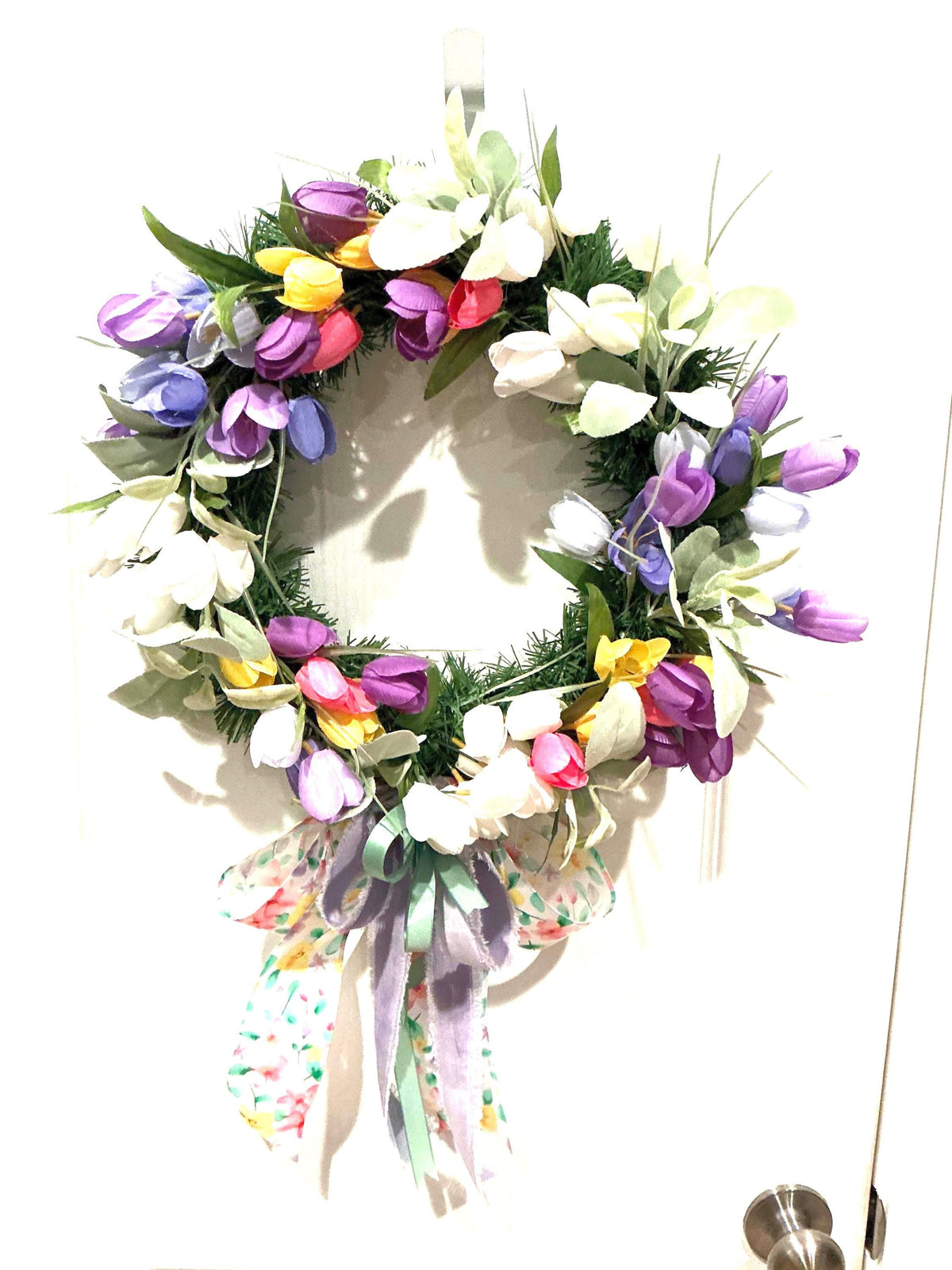 Purple Pink Yellow Tulip Spring Wreath, Farmhouse Floral Front Door Decor