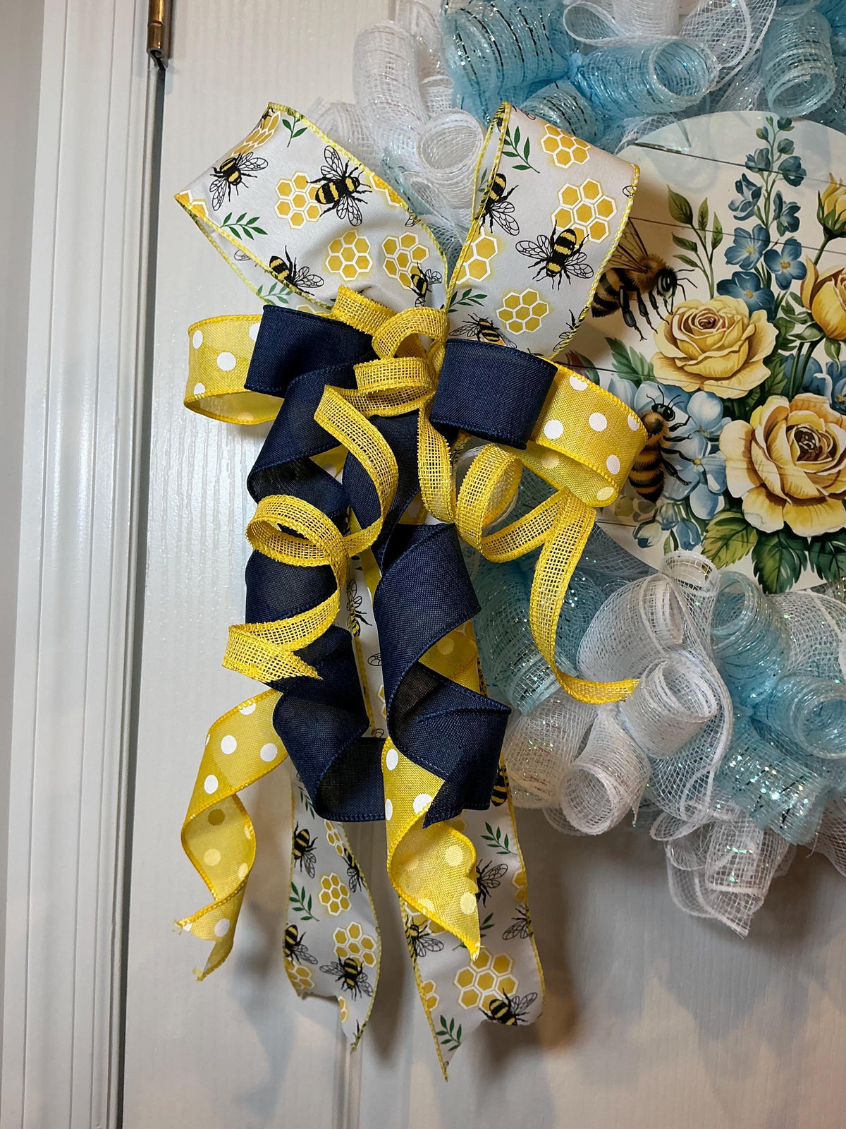 Bee Wreath for Front Door, Honeybee Floral Sign, Yellow Blue Summer Decor, Handmade